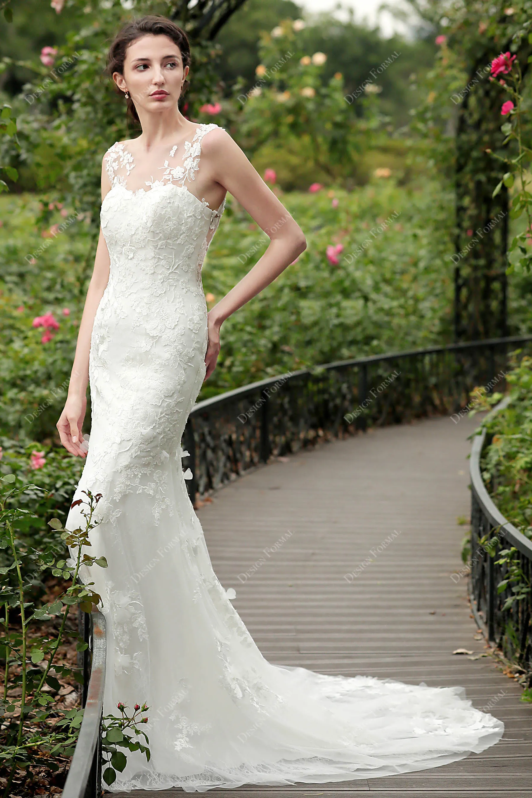 Illusion Neck Romantic 3D Floral Lace Mermaid Bridal Gown