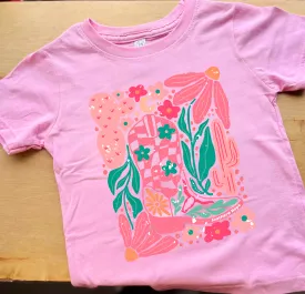 (KIDS/PINK) Western Cowgirl Boot Short Sleeve Kids Tee