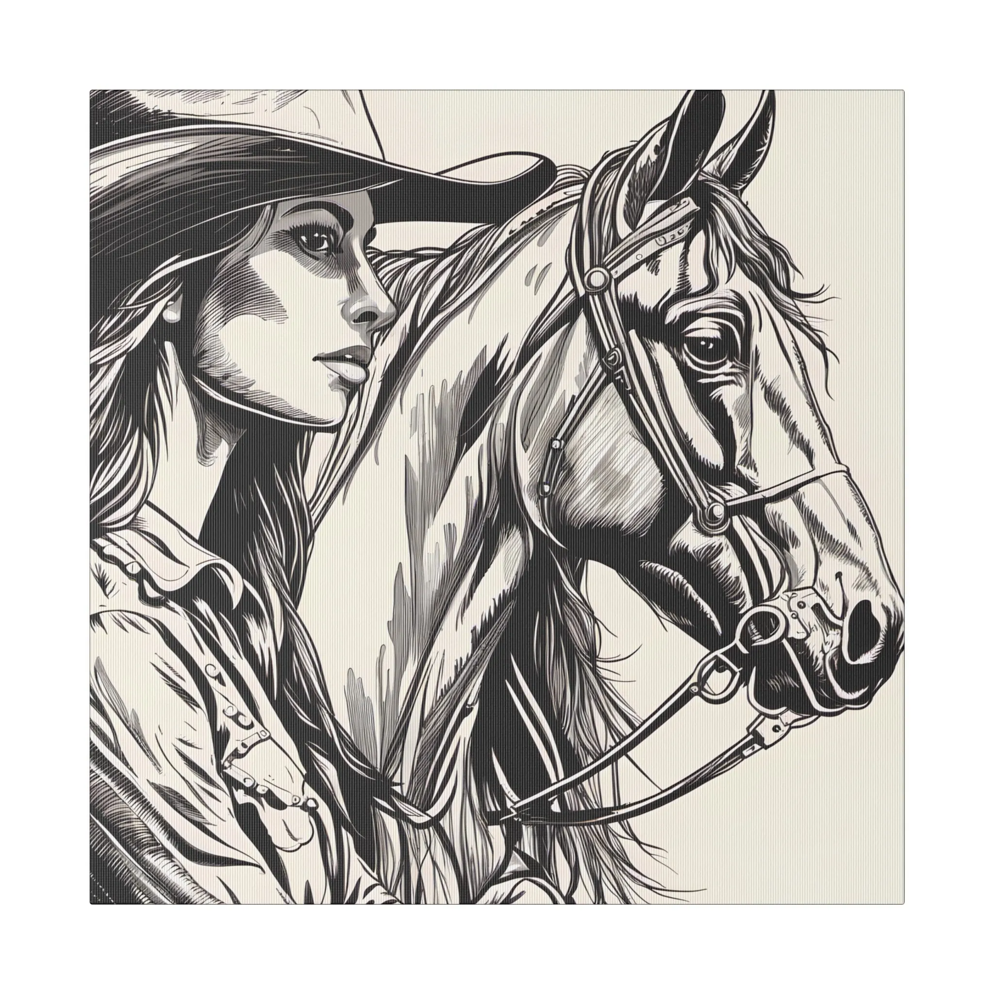 Lady and a Horse Black and White sketch drawing, Decor, Home Decor, Country, AI Art, Western Art