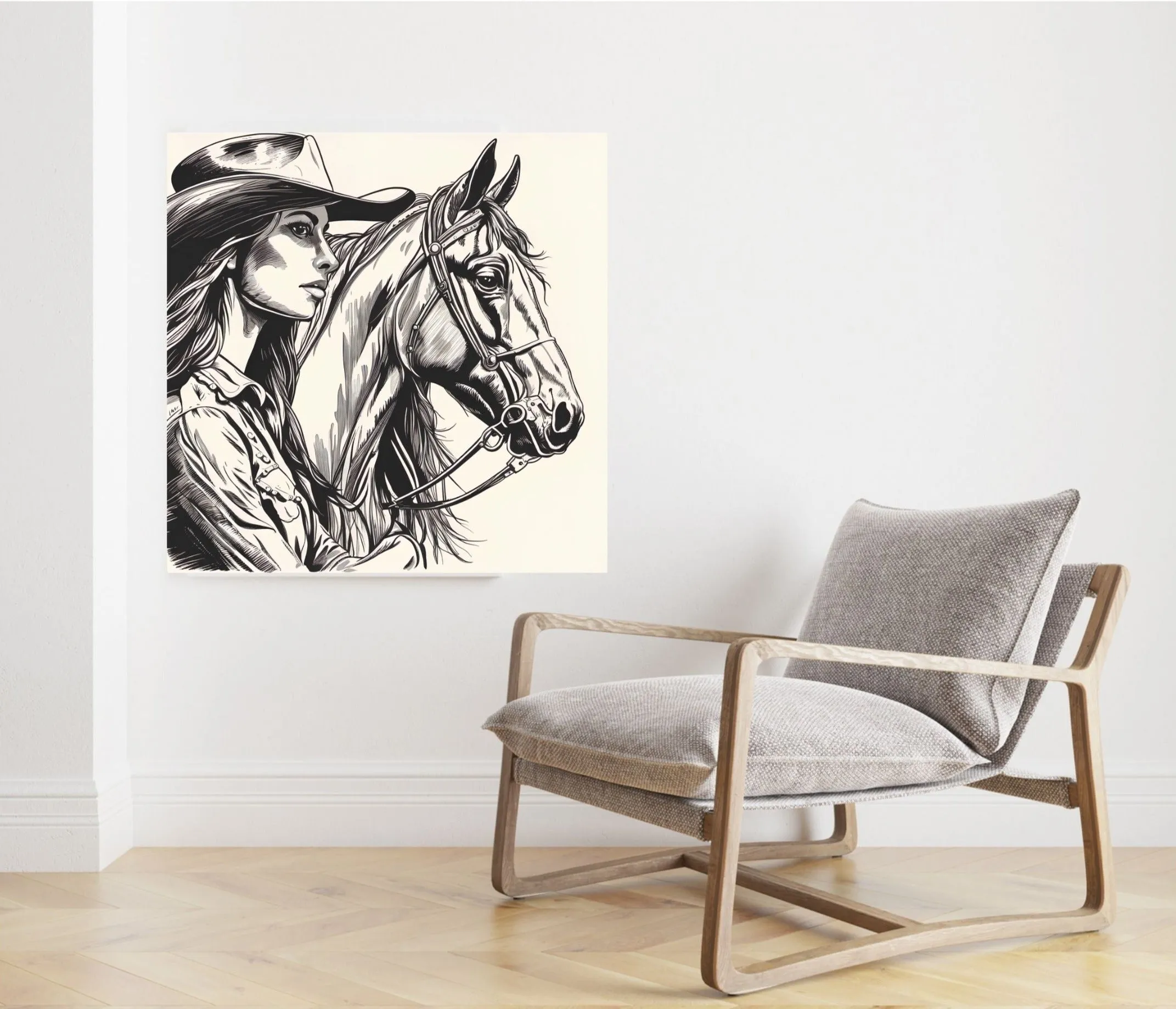 Lady and a Horse Black and White sketch drawing, Decor, Home Decor, Country, AI Art, Western Art