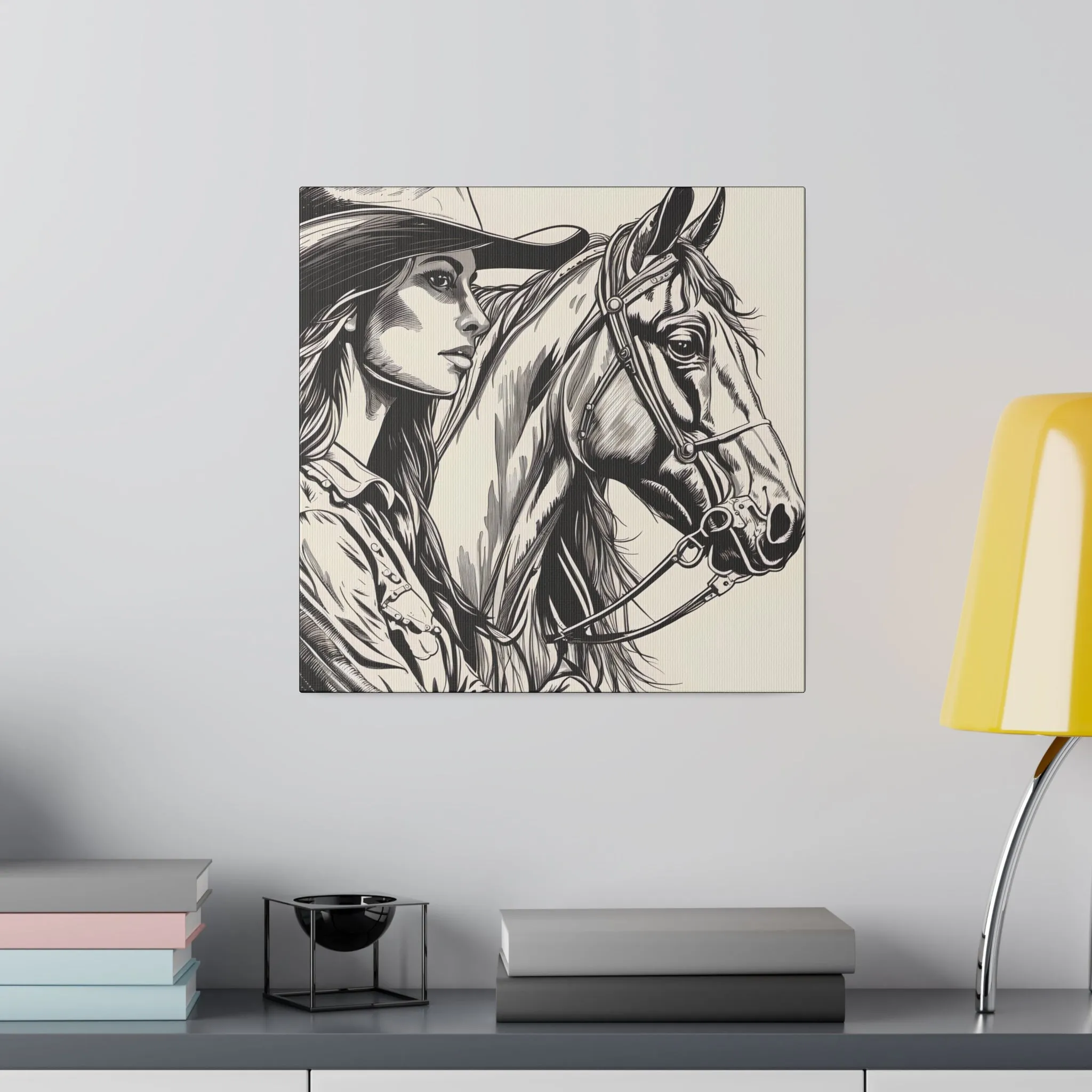 Lady and a Horse Black and White sketch drawing, Decor, Home Decor, Country, AI Art, Western Art