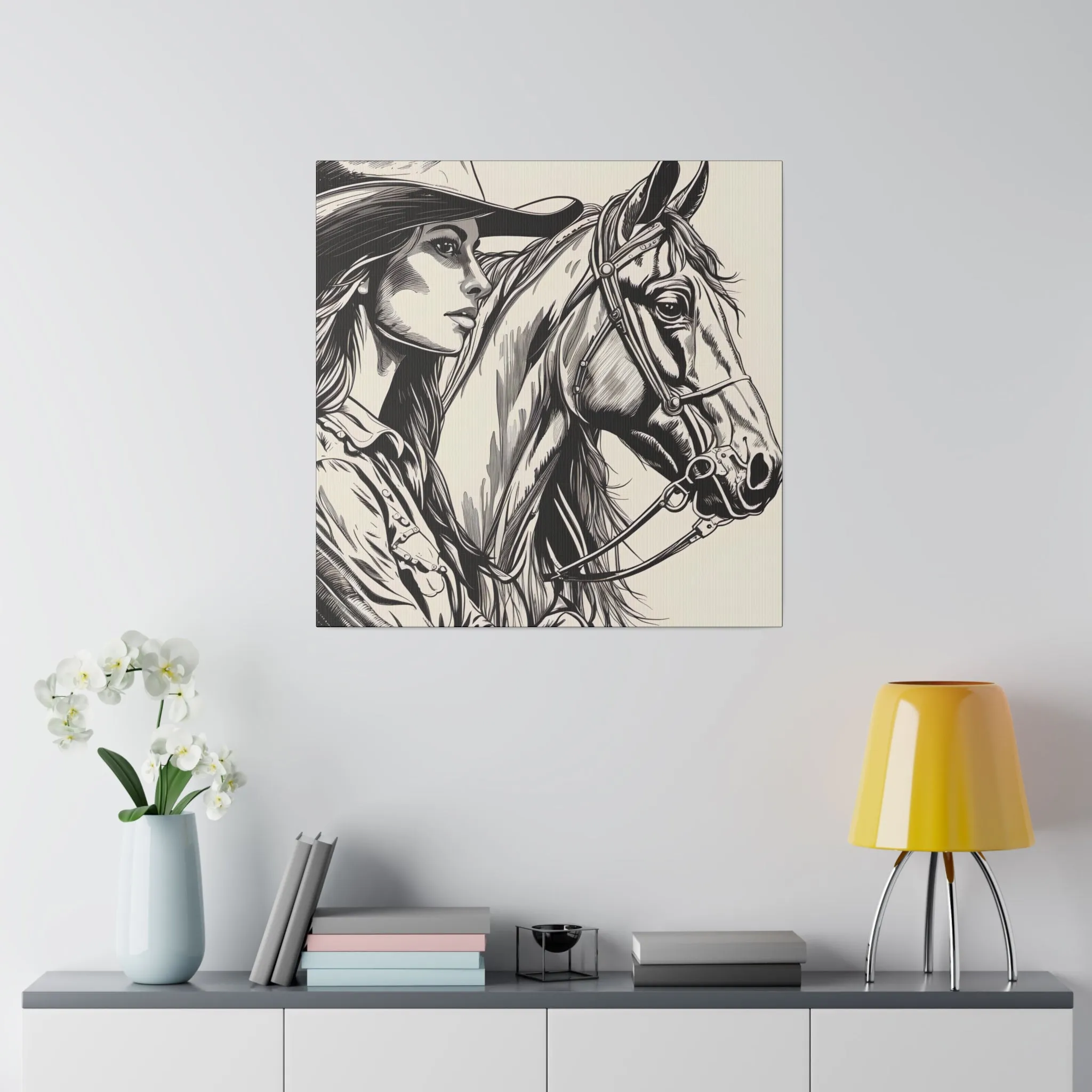 Lady and a Horse Black and White sketch drawing, Decor, Home Decor, Country, AI Art, Western Art