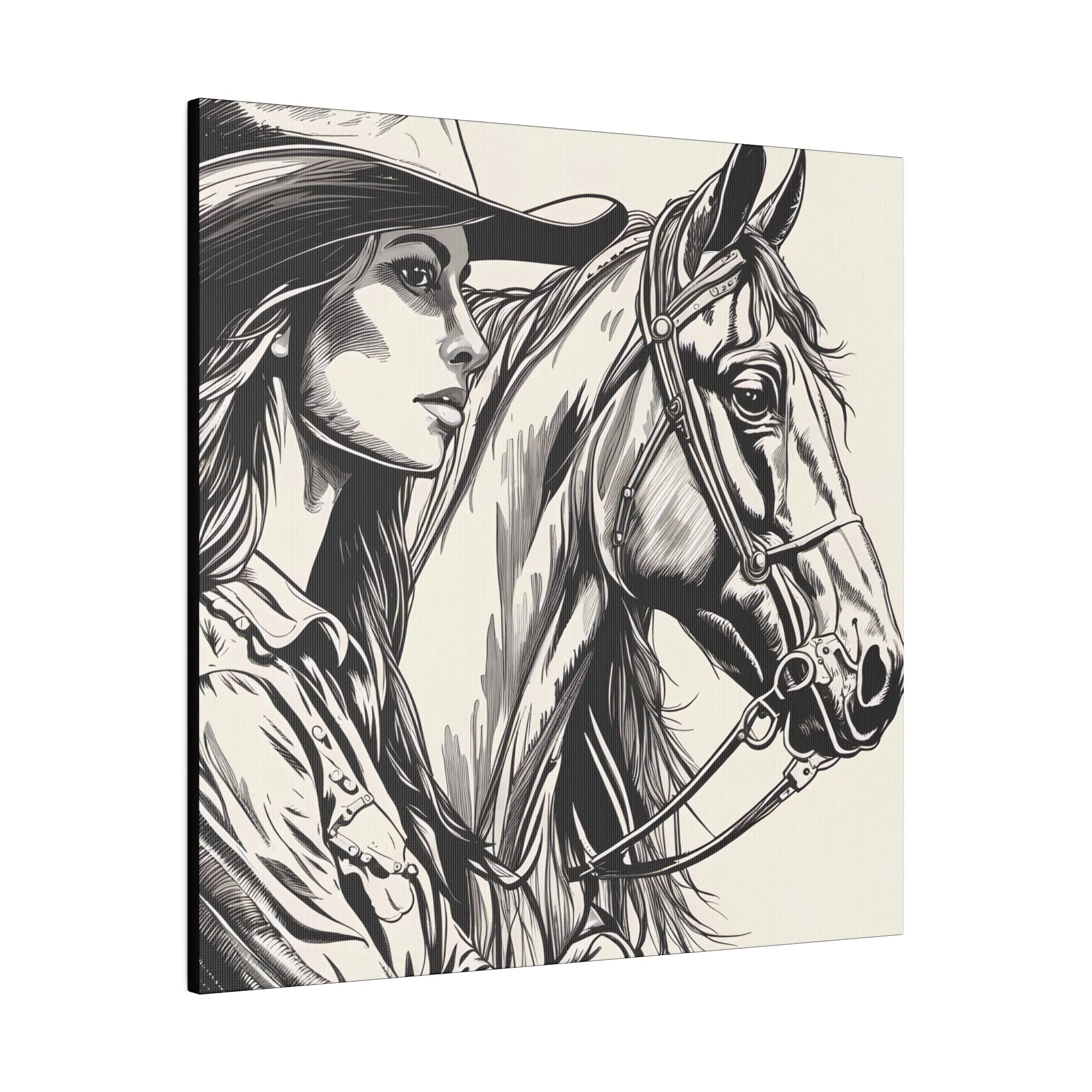 Lady and a Horse Black and White sketch drawing, Decor, Home Decor, Country, AI Art, Western Art