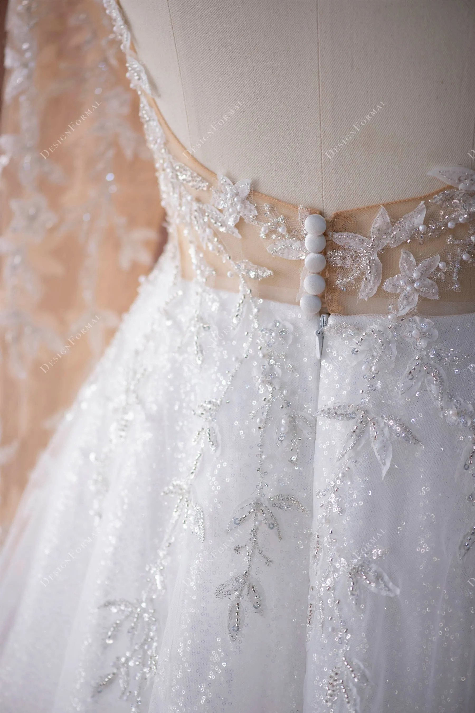 Leaf Lace Plunging Tulle Illusion Sleeved Wedding Dress