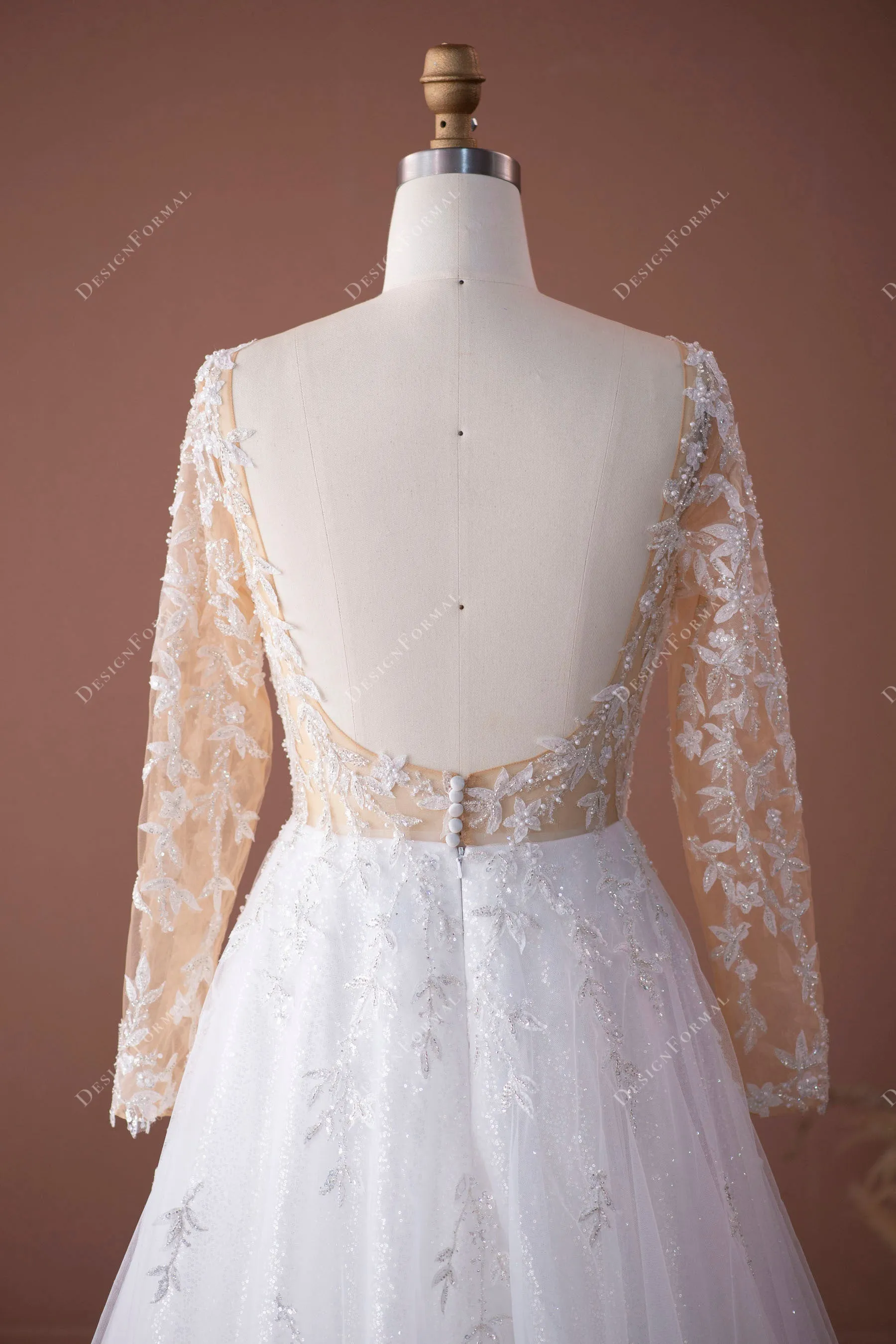 Leaf Lace Plunging Tulle Illusion Sleeved Wedding Dress