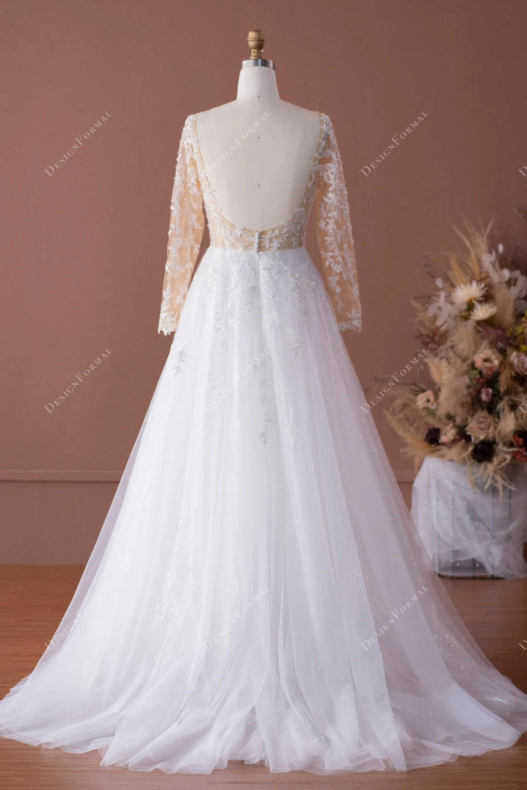 Leaf Lace Plunging Tulle Illusion Sleeved Wedding Dress