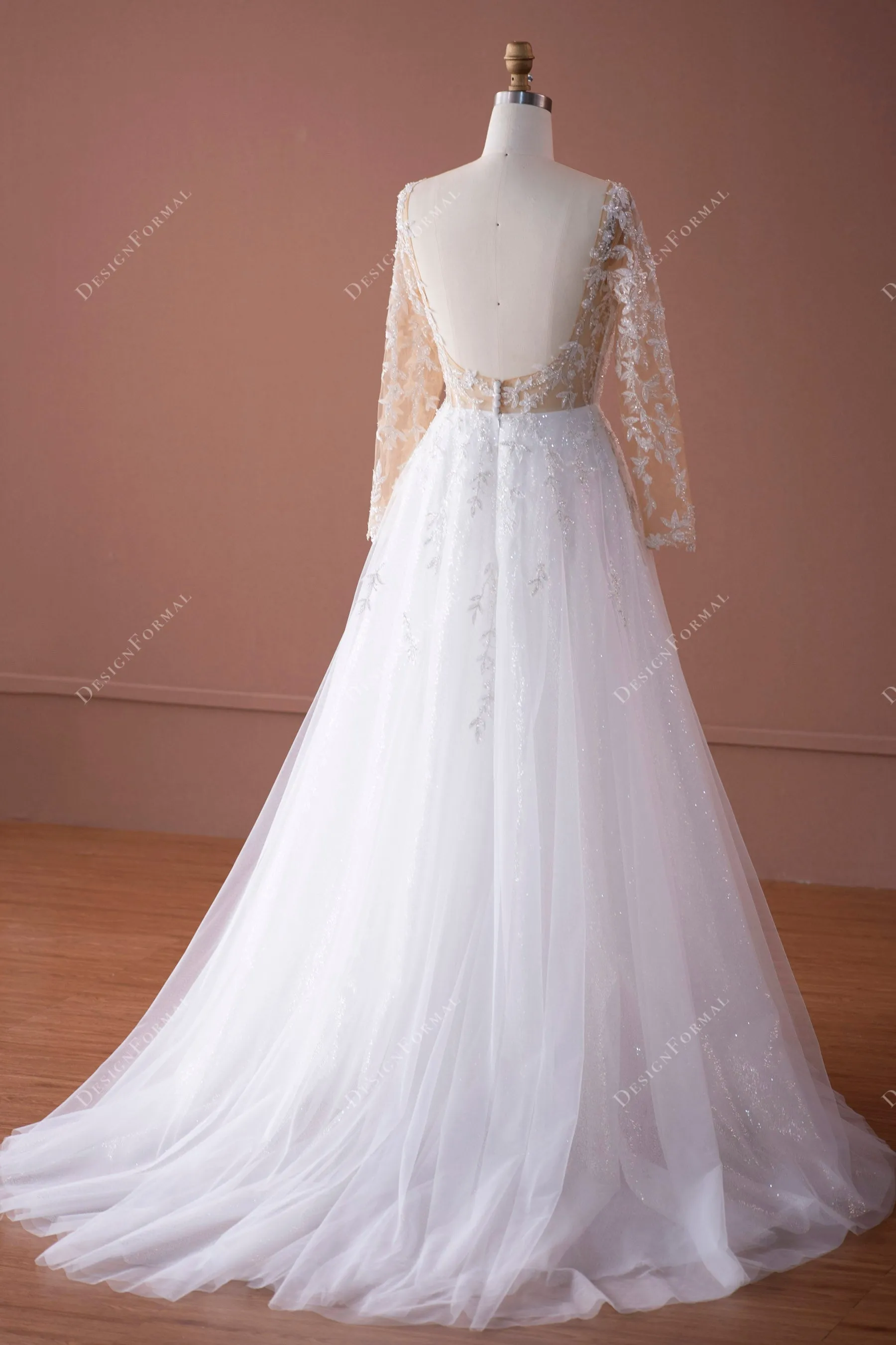 Leaf Lace Plunging Tulle Illusion Sleeved Wedding Dress