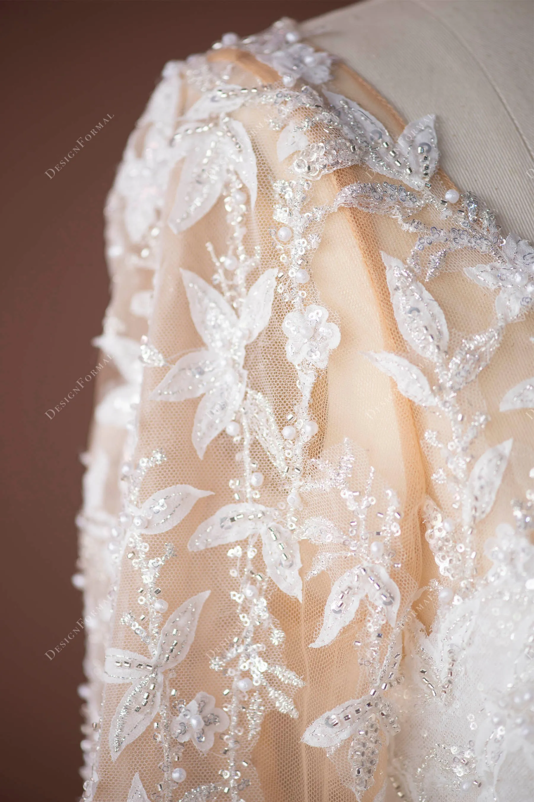 Leaf Lace Plunging Tulle Illusion Sleeved Wedding Dress