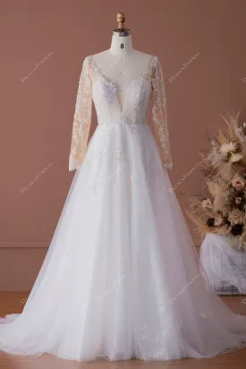 Leaf Lace Plunging Tulle Illusion Sleeved Wedding Dress