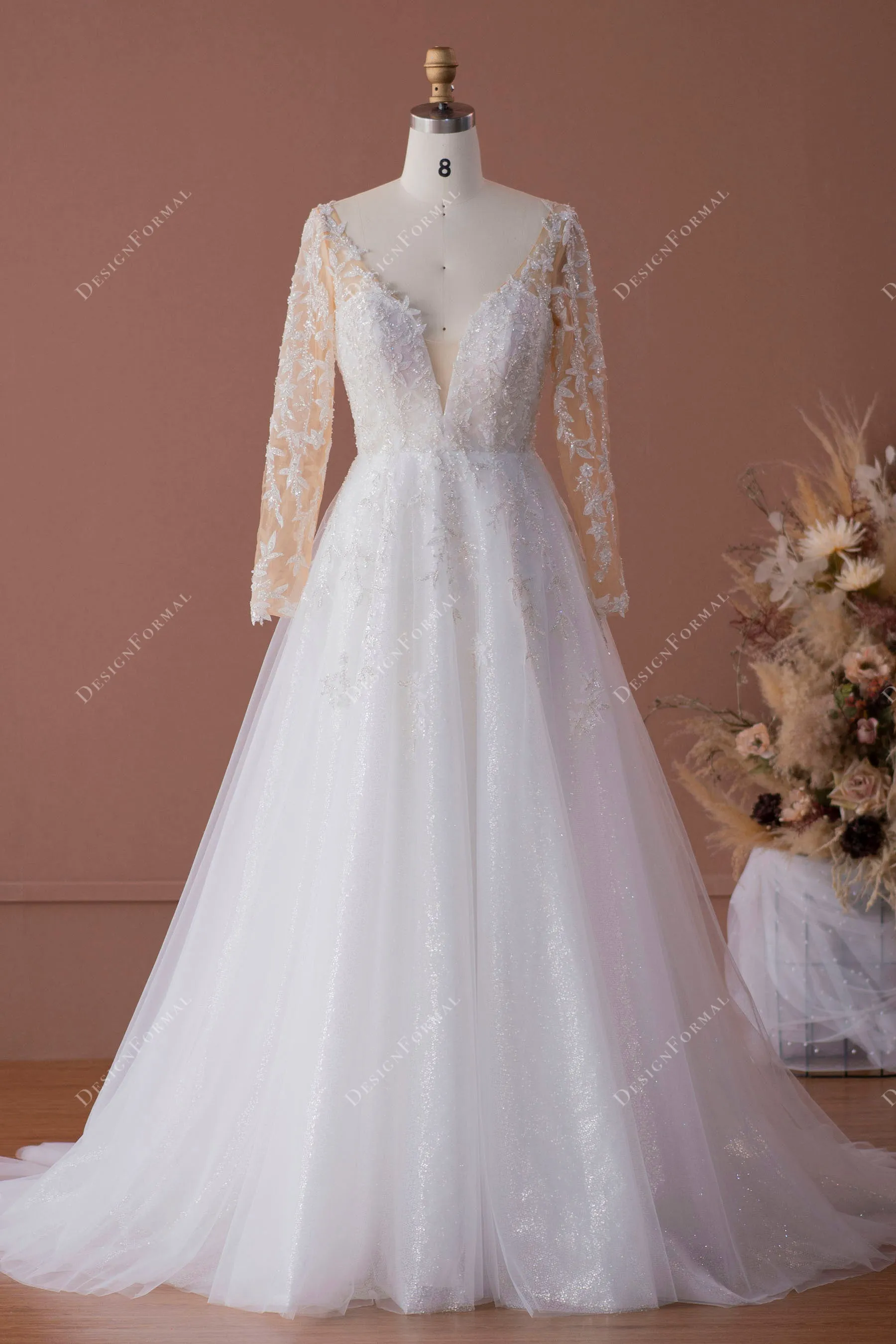 Leaf Lace Plunging Tulle Illusion Sleeved Wedding Dress
