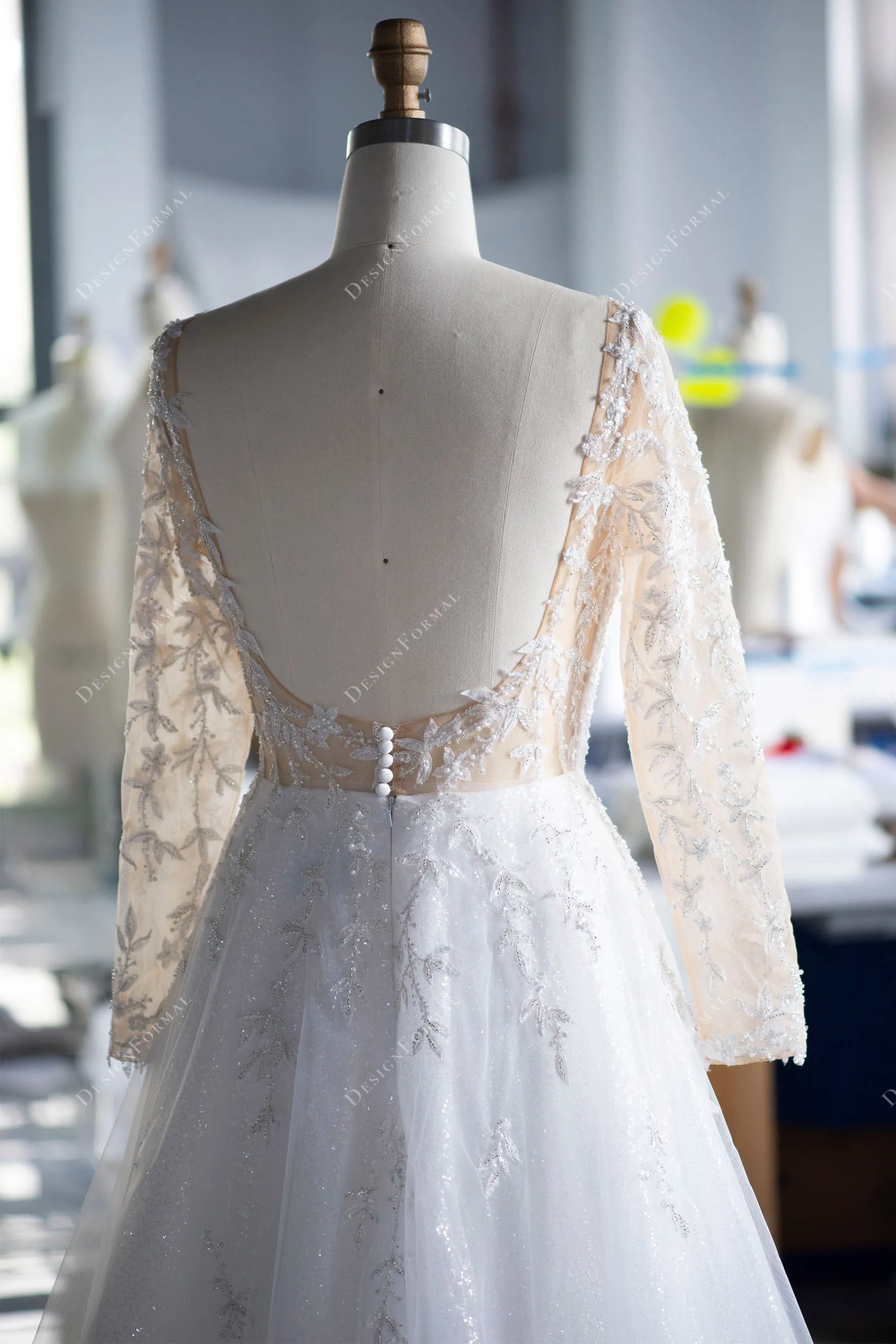 Leaf Lace Plunging Tulle Illusion Sleeved Wedding Dress