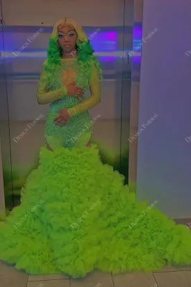Lime Illusion Sleeve Ruffled Tulle Mermaid Prom Dress