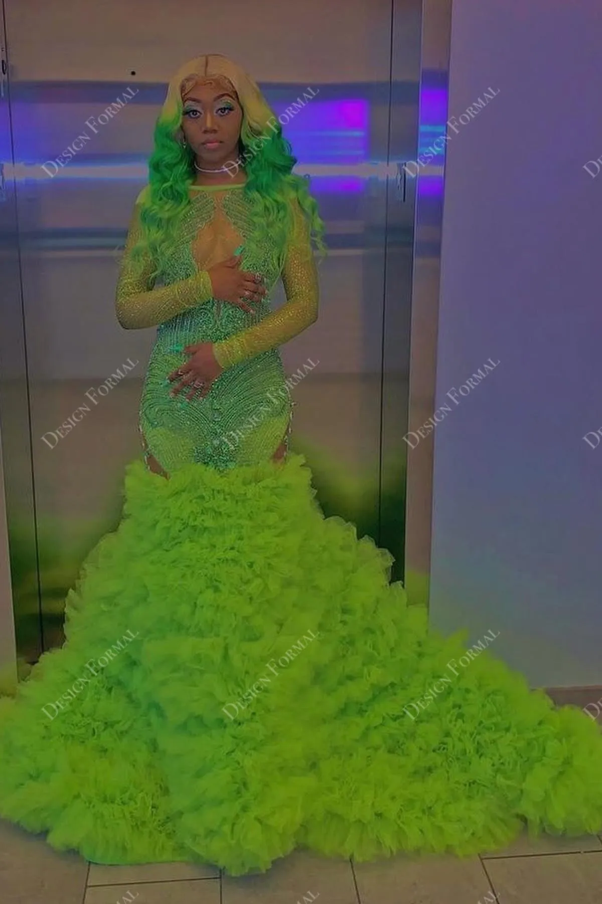 Lime Illusion Sleeve Ruffled Tulle Mermaid Prom Dress