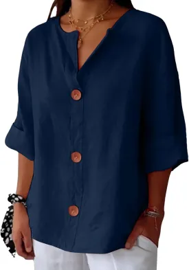 Linen Shirts for Women Summer 2025 Cotton Linen V Neck 3/4 Sleeve Tops Loose Vacation Beach Solid Blouses Tunic