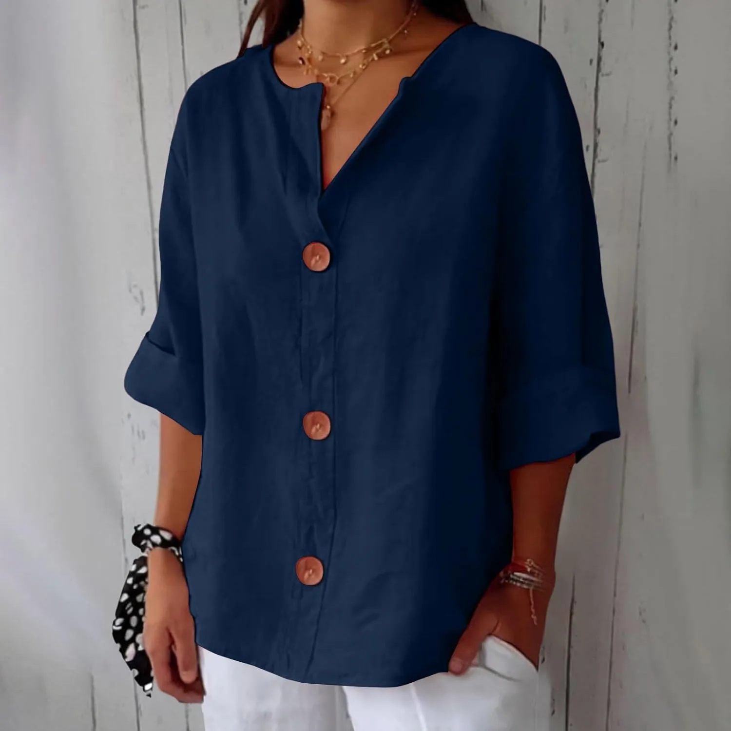 Linen Shirts for Women Summer 2025 Cotton Linen V Neck 3/4 Sleeve Tops Loose Vacation Beach Solid Blouses Tunic