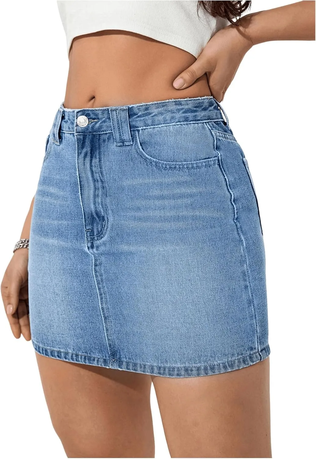 MakeMeChic Women's Denim Skirt Casual High Waist Mini Jean Skirt with Pockets
