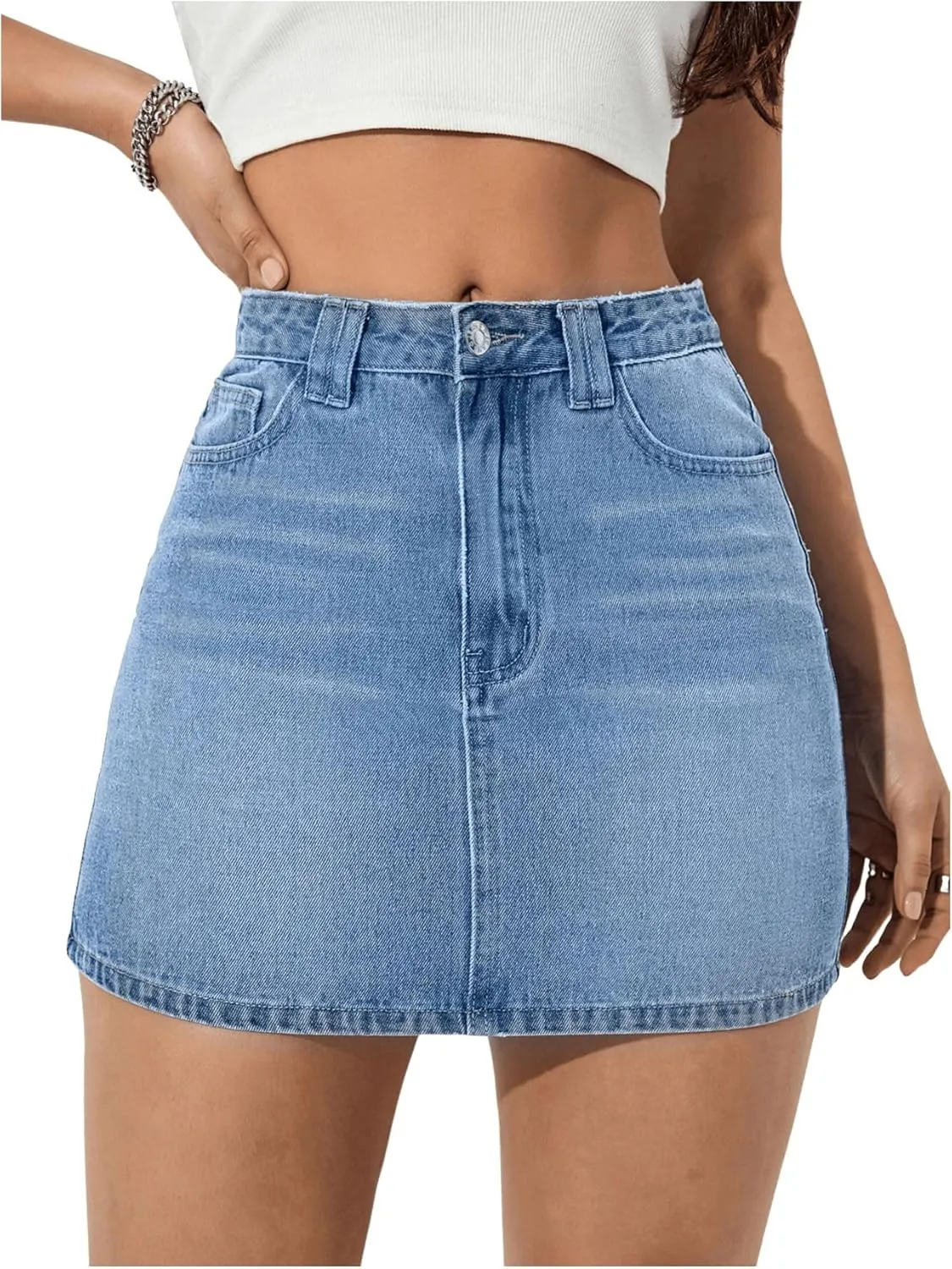 MakeMeChic Women's Denim Skirt Casual High Waist Mini Jean Skirt with Pockets