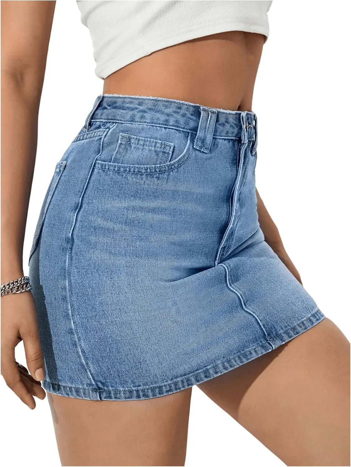 MakeMeChic Women's Denim Skirt Casual High Waist Mini Jean Skirt with Pockets