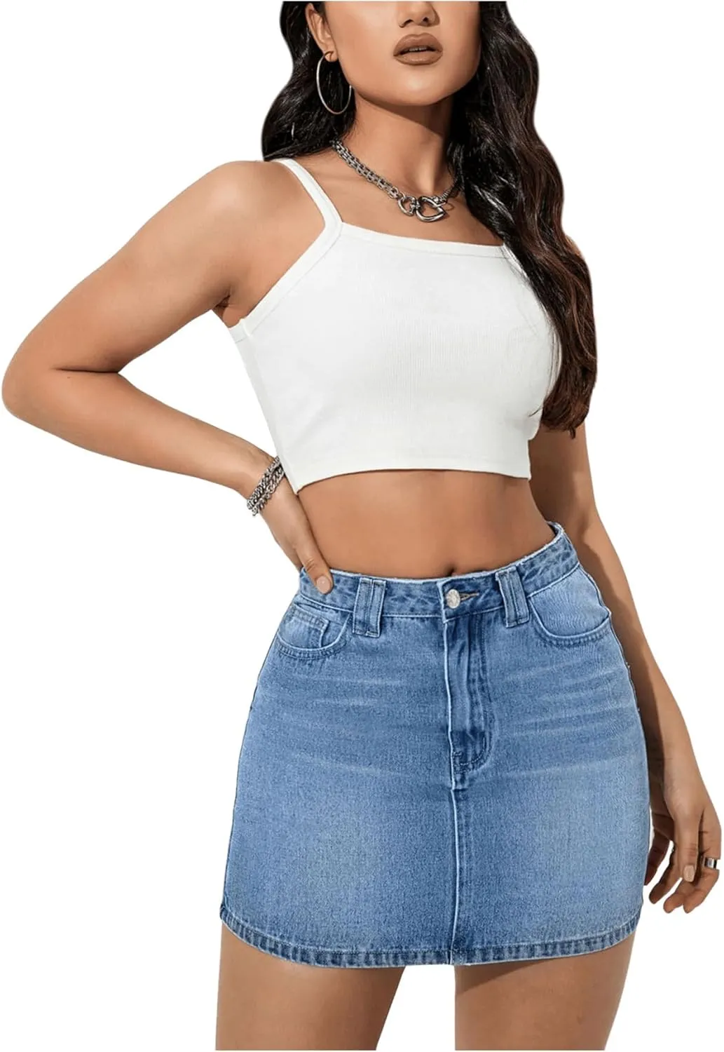 MakeMeChic Women's Denim Skirt Casual High Waist Mini Jean Skirt with Pockets