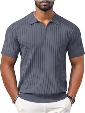 Men's Polo Shirts Short Sleeve T Shirts Ribbed Knit Zipper Polo Shirts Fashion Casual Golf Tee