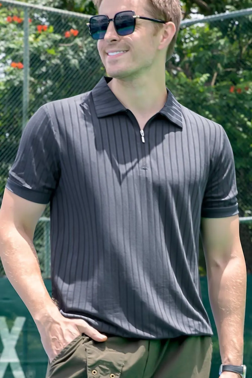 Men's Polo Shirts Short Sleeve T Shirts Ribbed Knit Zipper Polo Shirts Fashion Casual Golf Tee