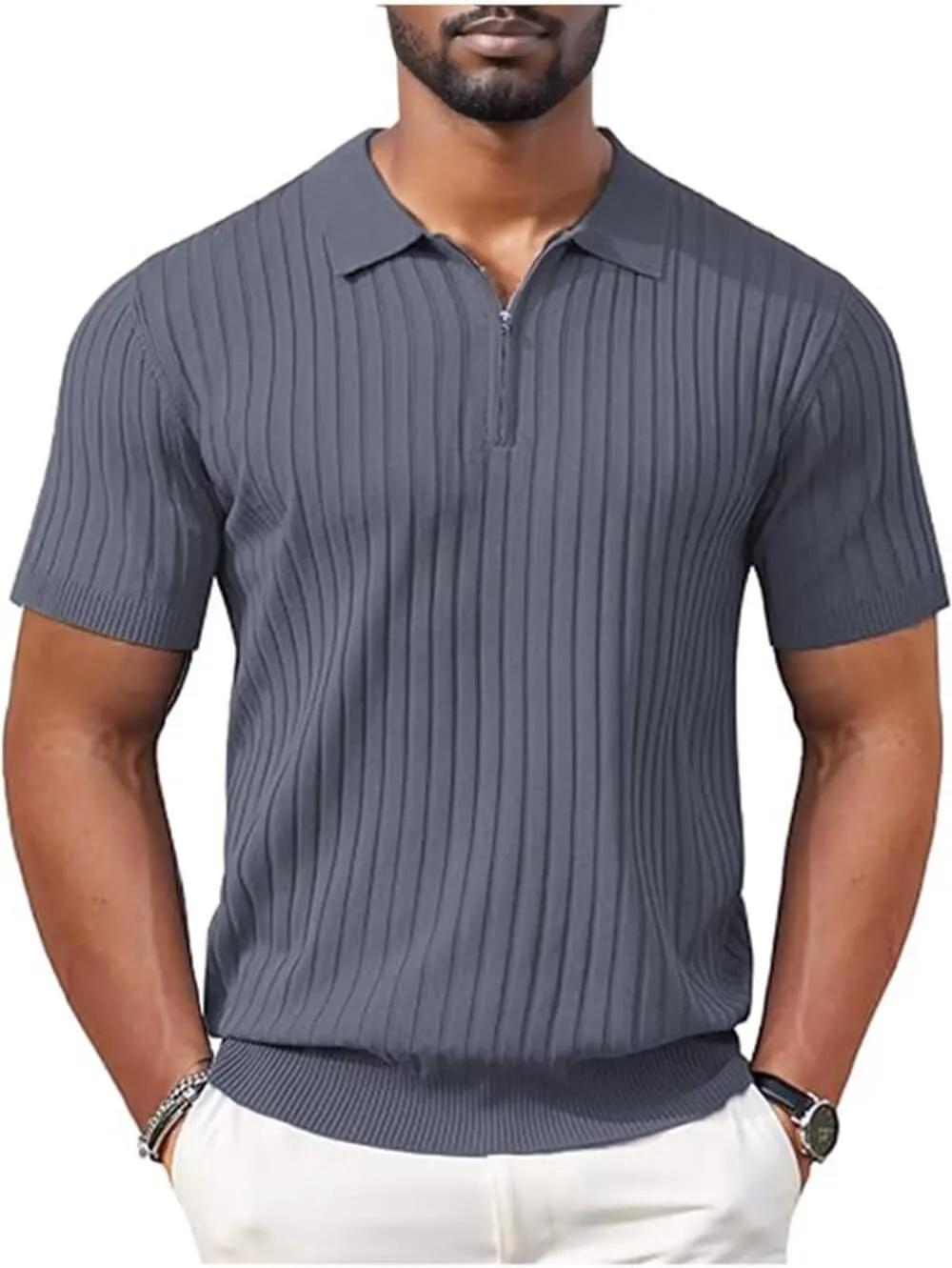 Men's Polo Shirts Short Sleeve T Shirts Ribbed Knit Zipper Polo Shirts Fashion Casual Golf Tee