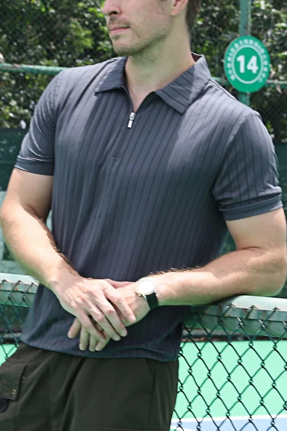 Men's Polo Shirts Short Sleeve T Shirts Ribbed Knit Zipper Polo Shirts Fashion Casual Golf Tee