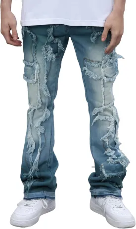 Men's Ripped Bootcut Jeans Slim Fit Bell Bottom Jeans for Men 70s Ripped Flared Denim Pants Stacked