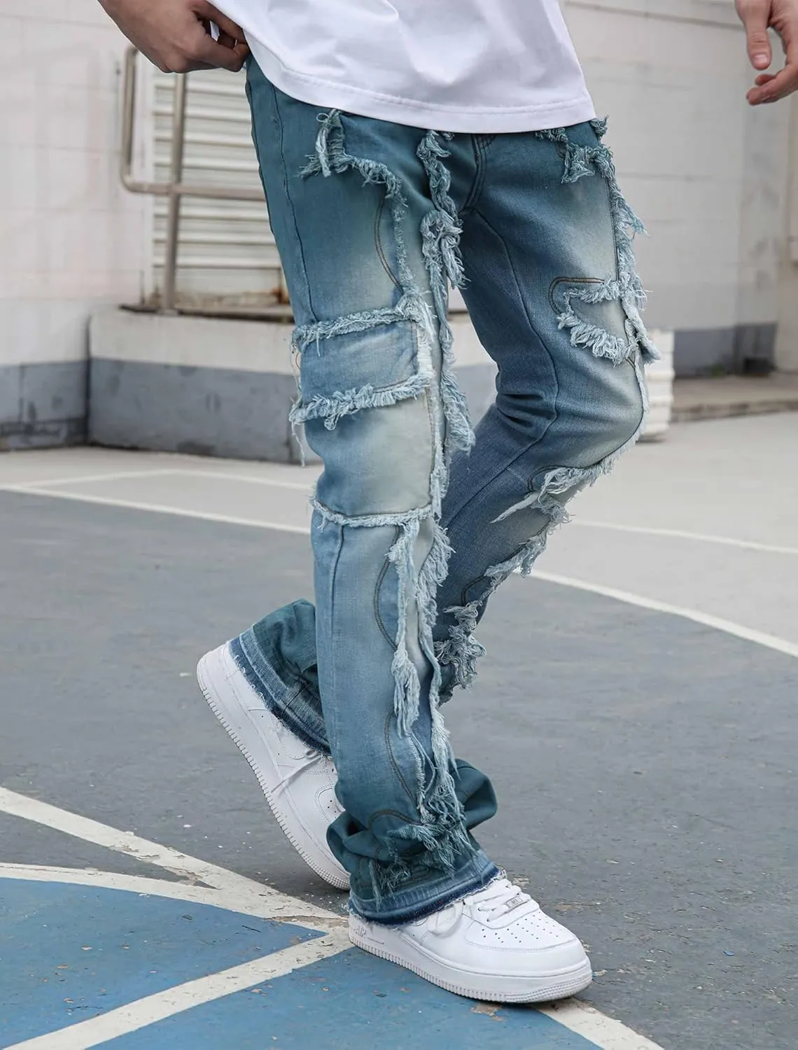 Men's Ripped Bootcut Jeans Slim Fit Bell Bottom Jeans for Men 70s Ripped Flared Denim Pants Stacked