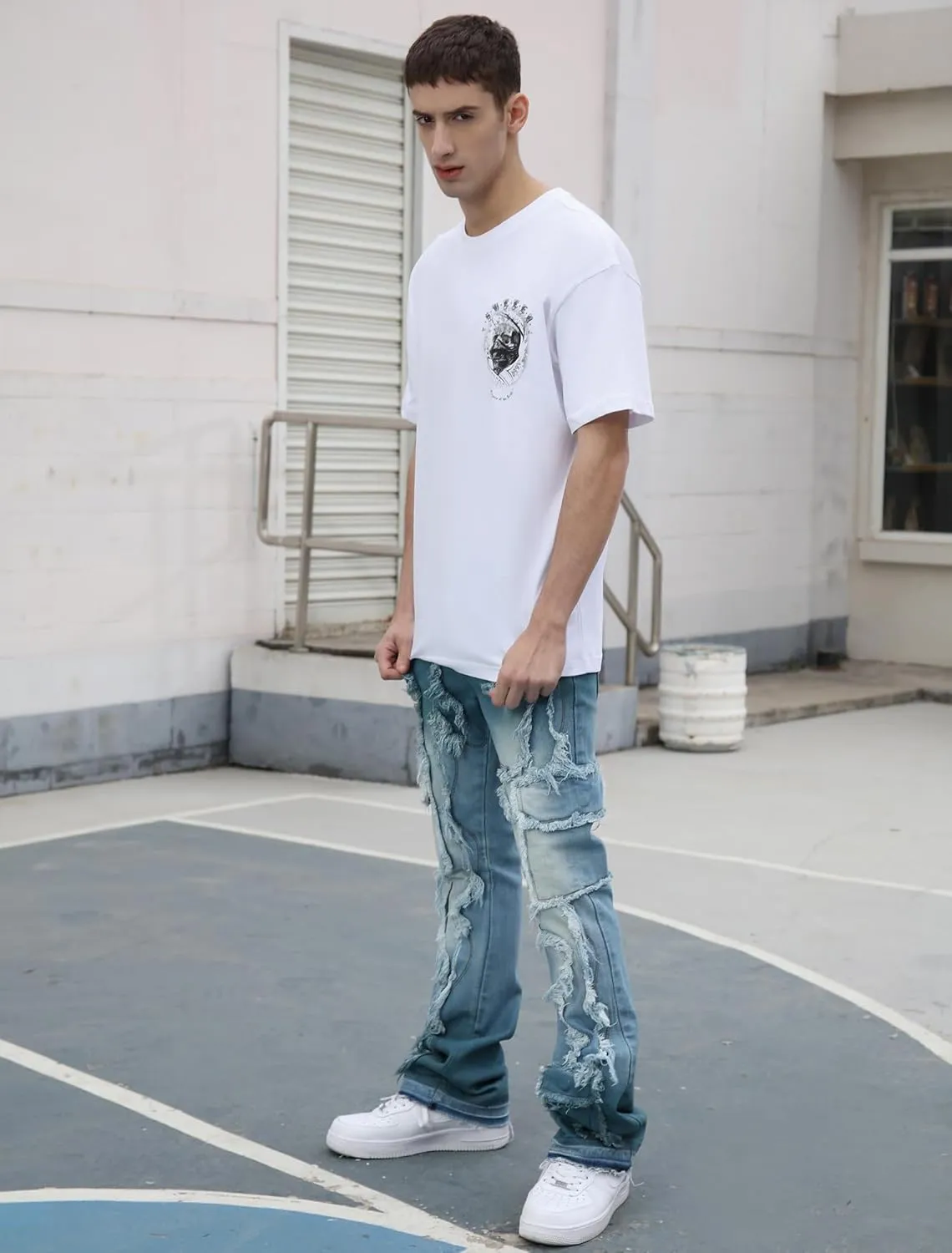 Men's Ripped Bootcut Jeans Slim Fit Bell Bottom Jeans for Men 70s Ripped Flared Denim Pants Stacked