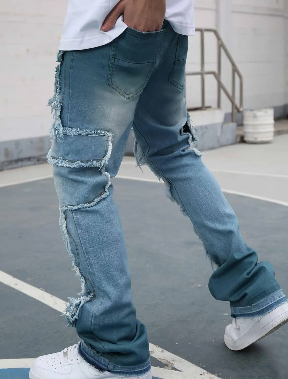 Men's Ripped Bootcut Jeans Slim Fit Bell Bottom Jeans for Men 70s Ripped Flared Denim Pants Stacked