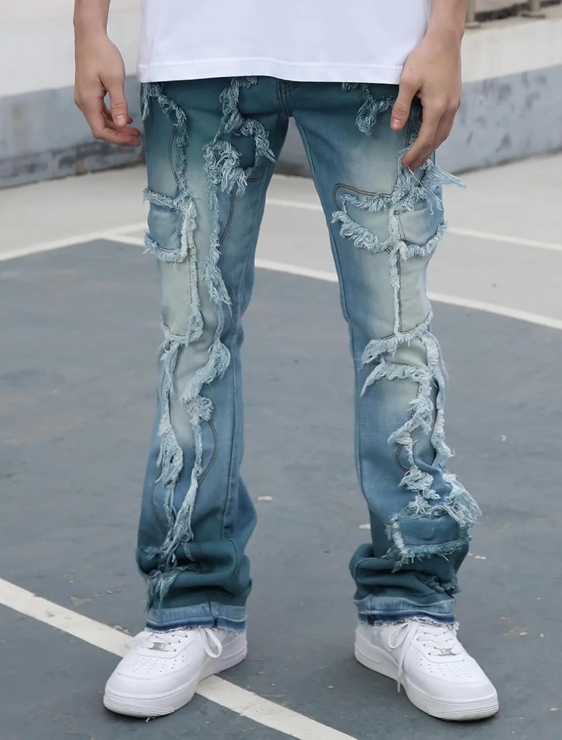 Men's Ripped Bootcut Jeans Slim Fit Bell Bottom Jeans for Men 70s Ripped Flared Denim Pants Stacked