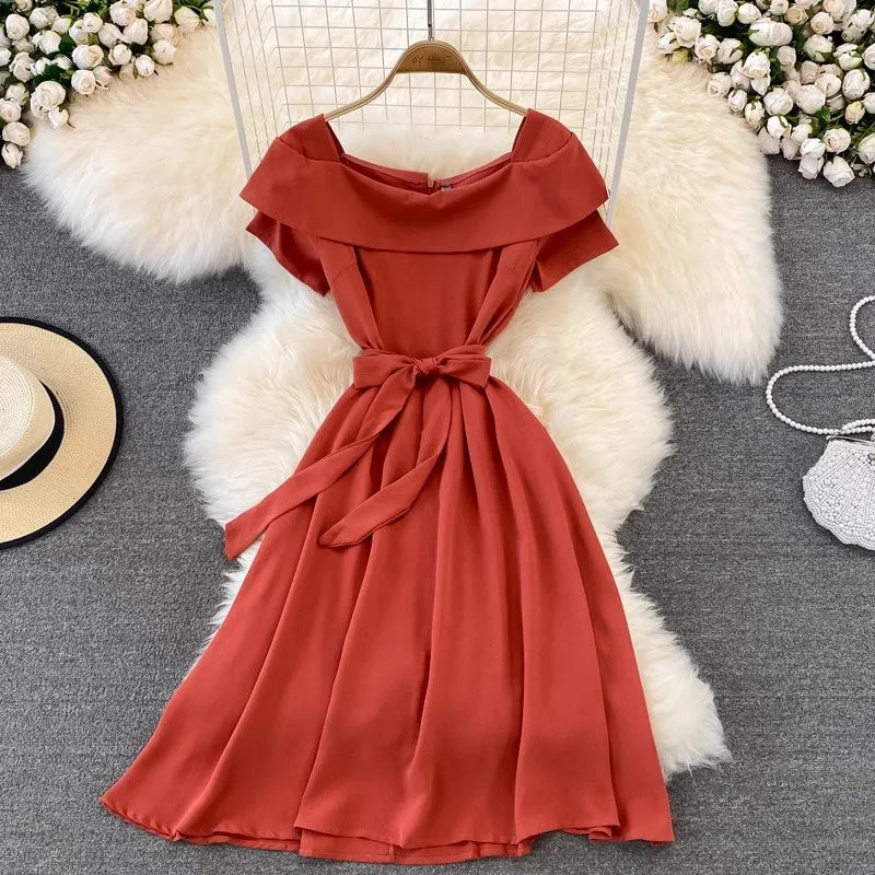 Mid-Length Square Neck Strap A-Line Dress Short Sleeves     S4248