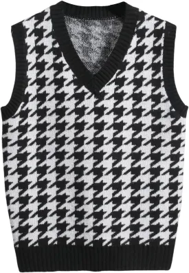 Milumia Men's Houndstooth Sweater Vest Sleeveless V Neck Casual Rib Knit Top