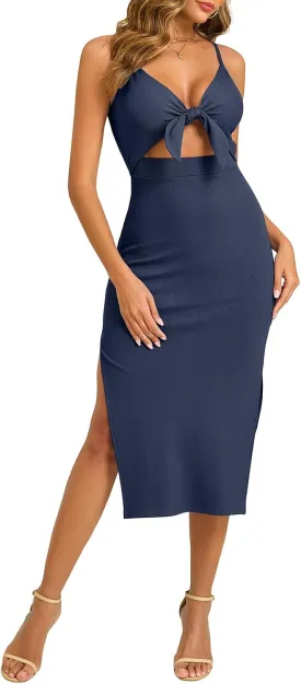 oten Women's Sexy Spaghetti Strap Tie Knot Cut Out Bodycon Sleeveless Ribbed Knit Slit Club Party Midi Dresses