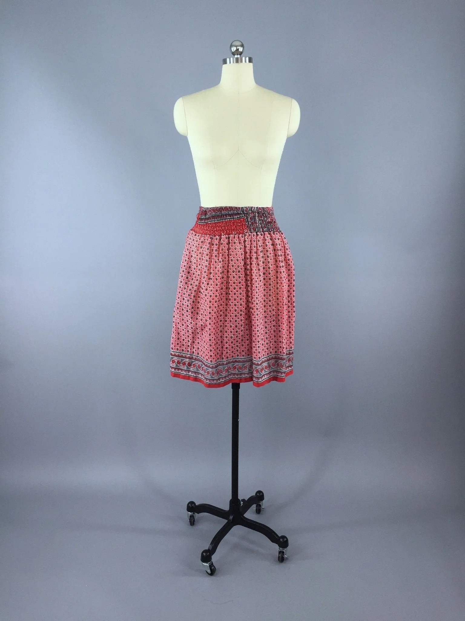 Pink Floral Print Indian Cotton Sari Skirt