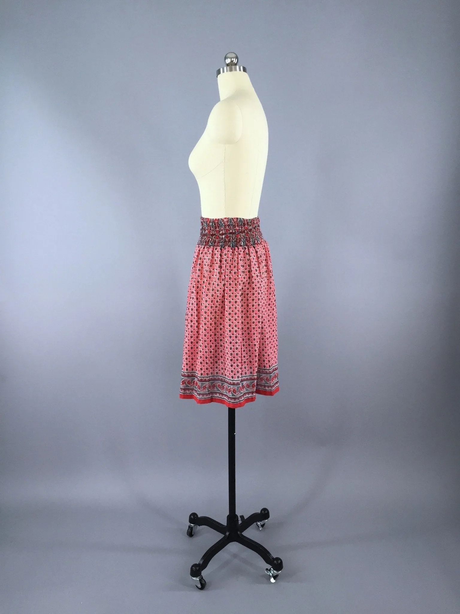Pink Floral Print Indian Cotton Sari Skirt