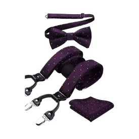 Plaid Dot Suspender Pre-Tied Bow Tie Handkerchief - 1-PURPLE