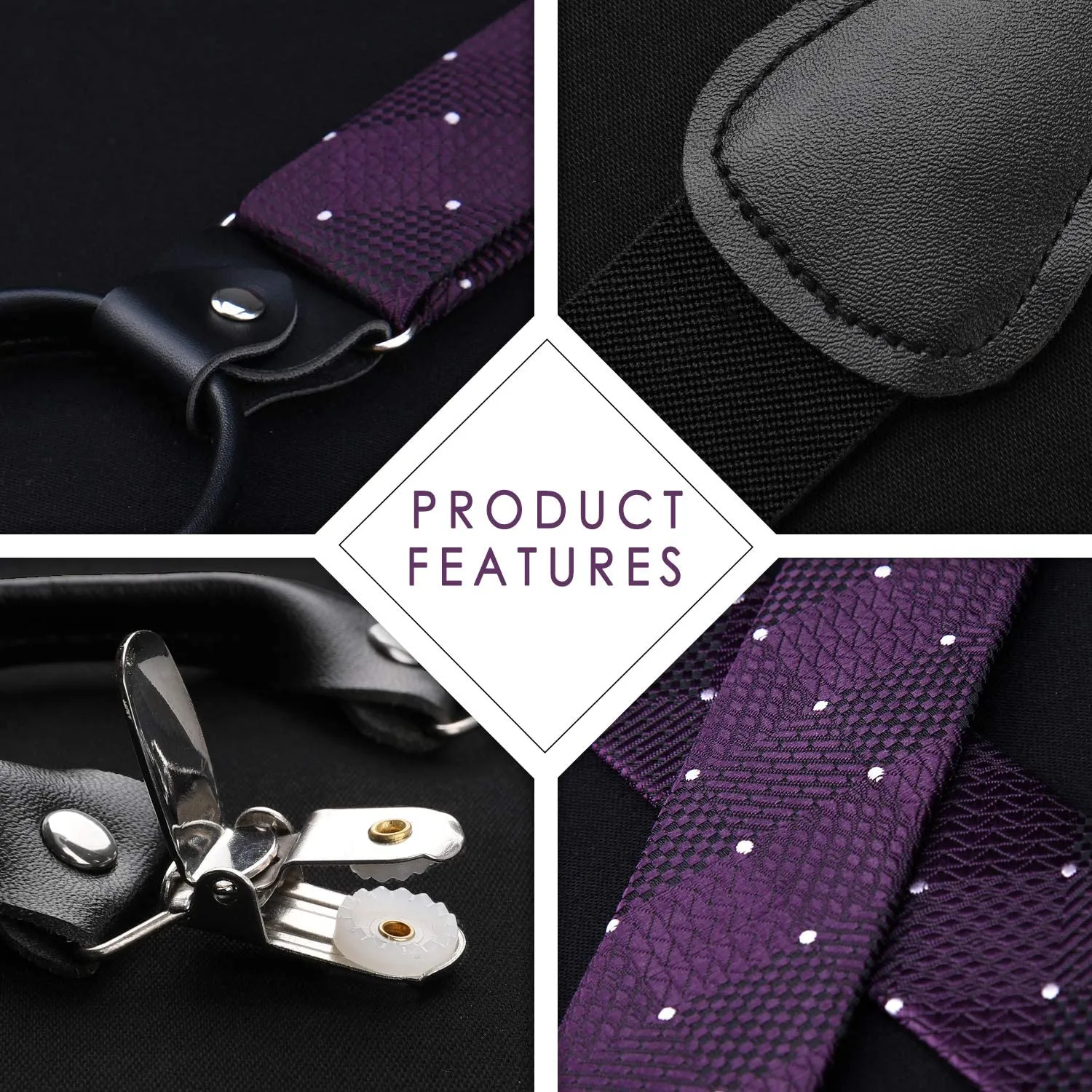 Plaid Dot Suspender Pre-Tied Bow Tie Handkerchief - 1-PURPLE