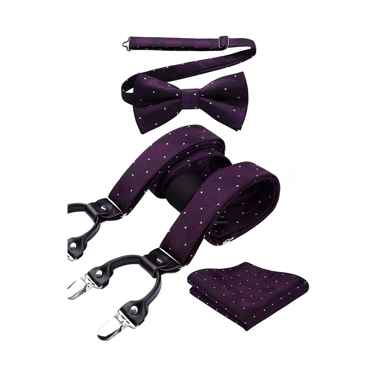 Plaid Dot Suspender Pre-Tied Bow Tie Handkerchief - 1-PURPLE