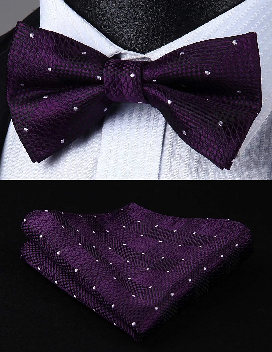 Plaid Dot Suspender Pre-Tied Bow Tie Handkerchief - 1-PURPLE
