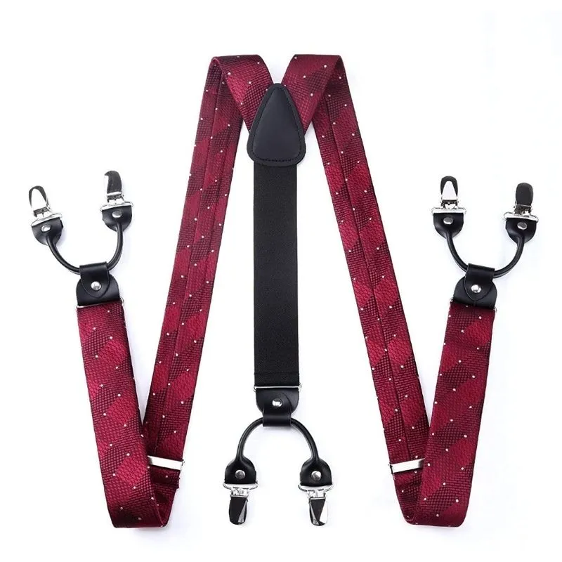 Plaid Suspender Bow Tie Handkerchief - 01 RED/BURGUNDY
