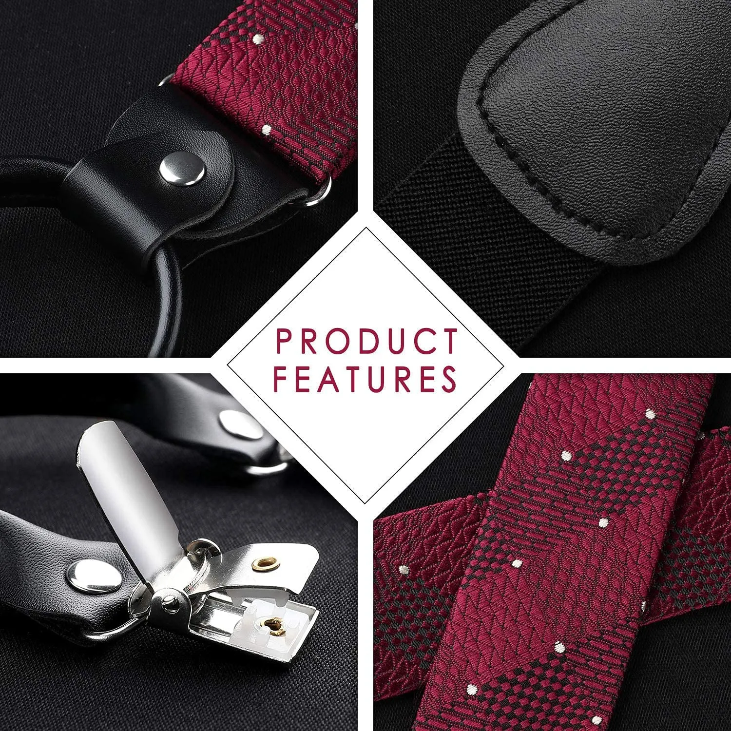 Plaid Suspender Bow Tie Handkerchief - 01 RED/BURGUNDY