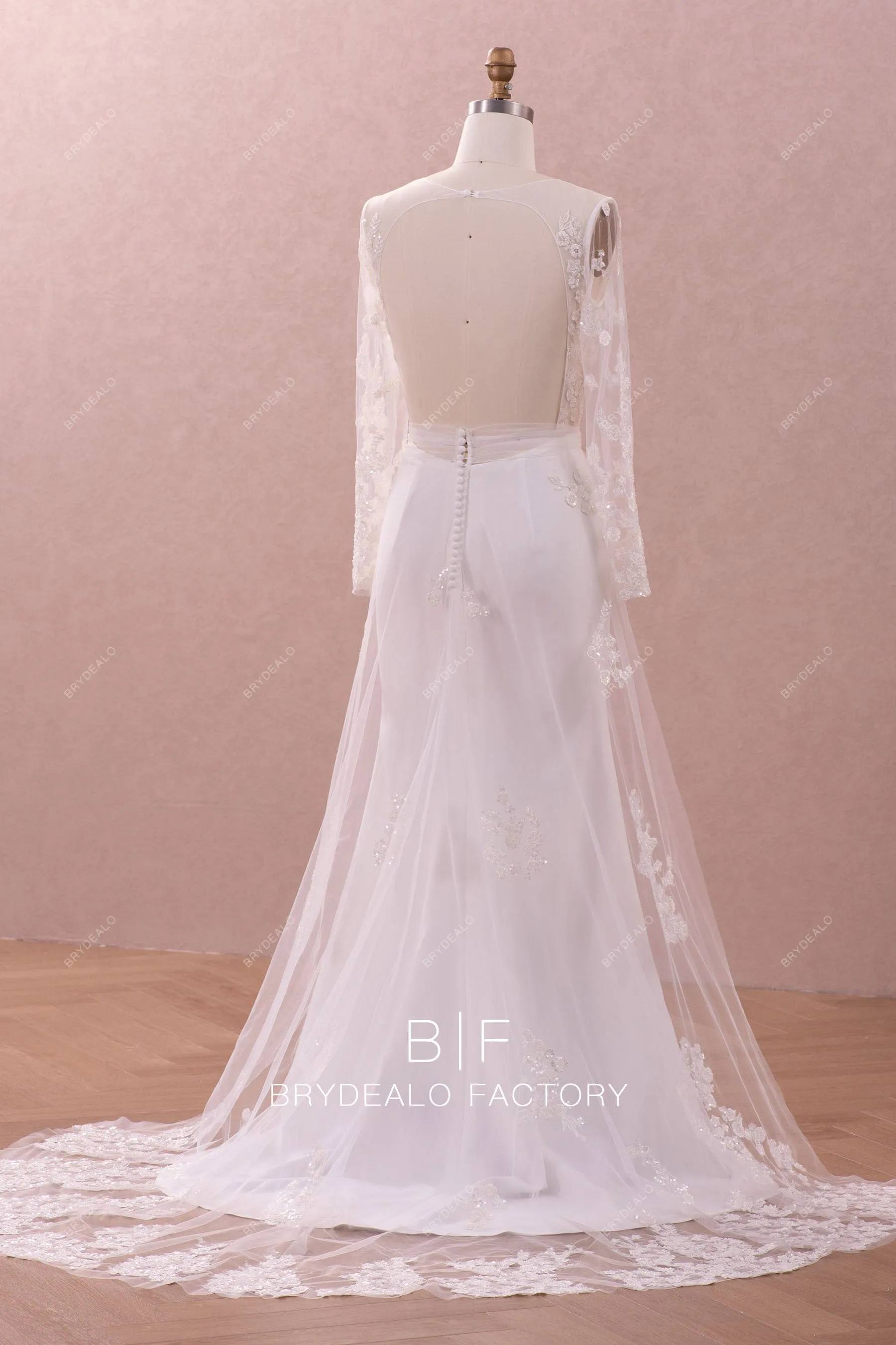Plunging Beaded Lace Overskirt Mermaid Modern Crepe Wedding Dress