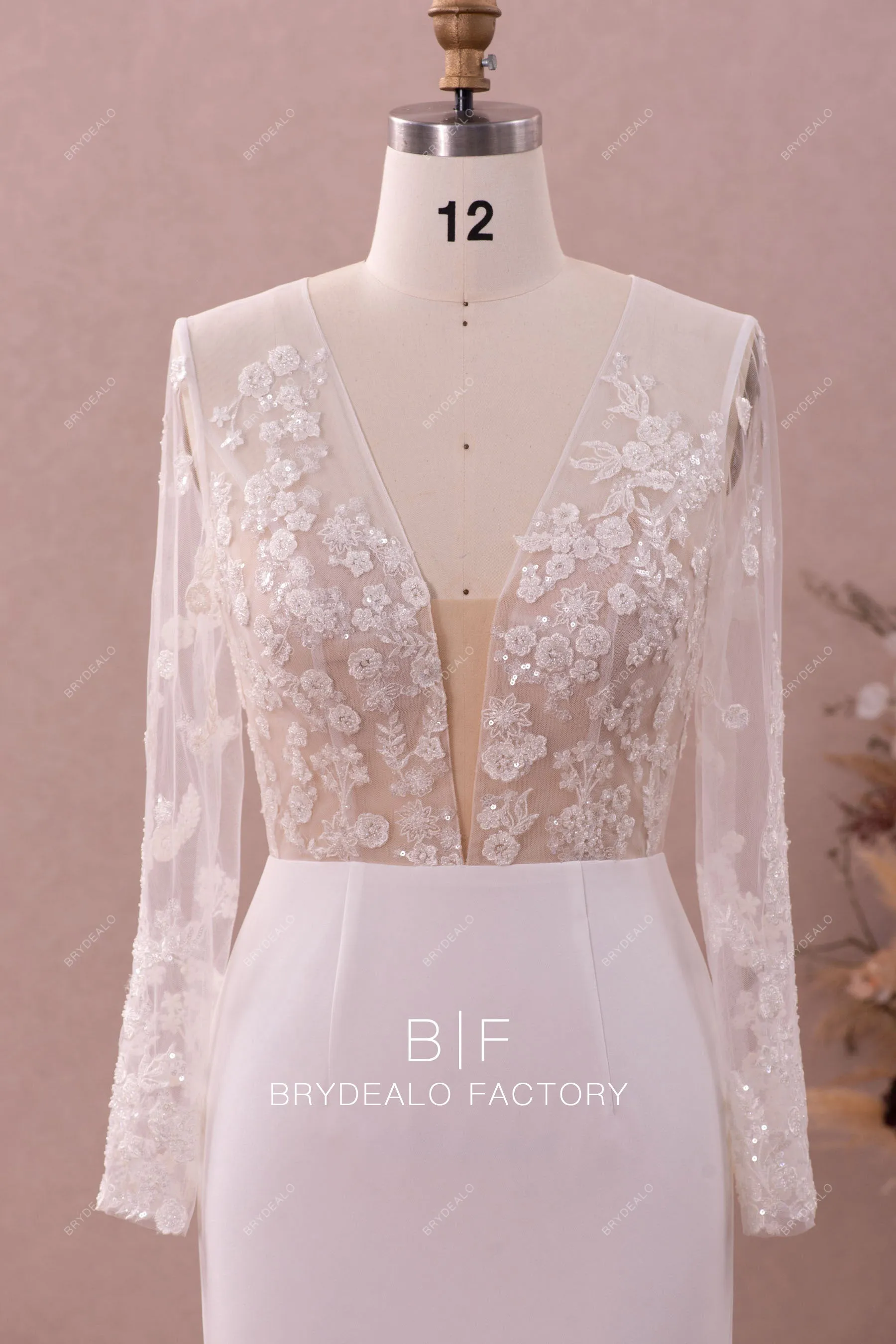 Plunging Beaded Lace Overskirt Mermaid Modern Crepe Wedding Dress