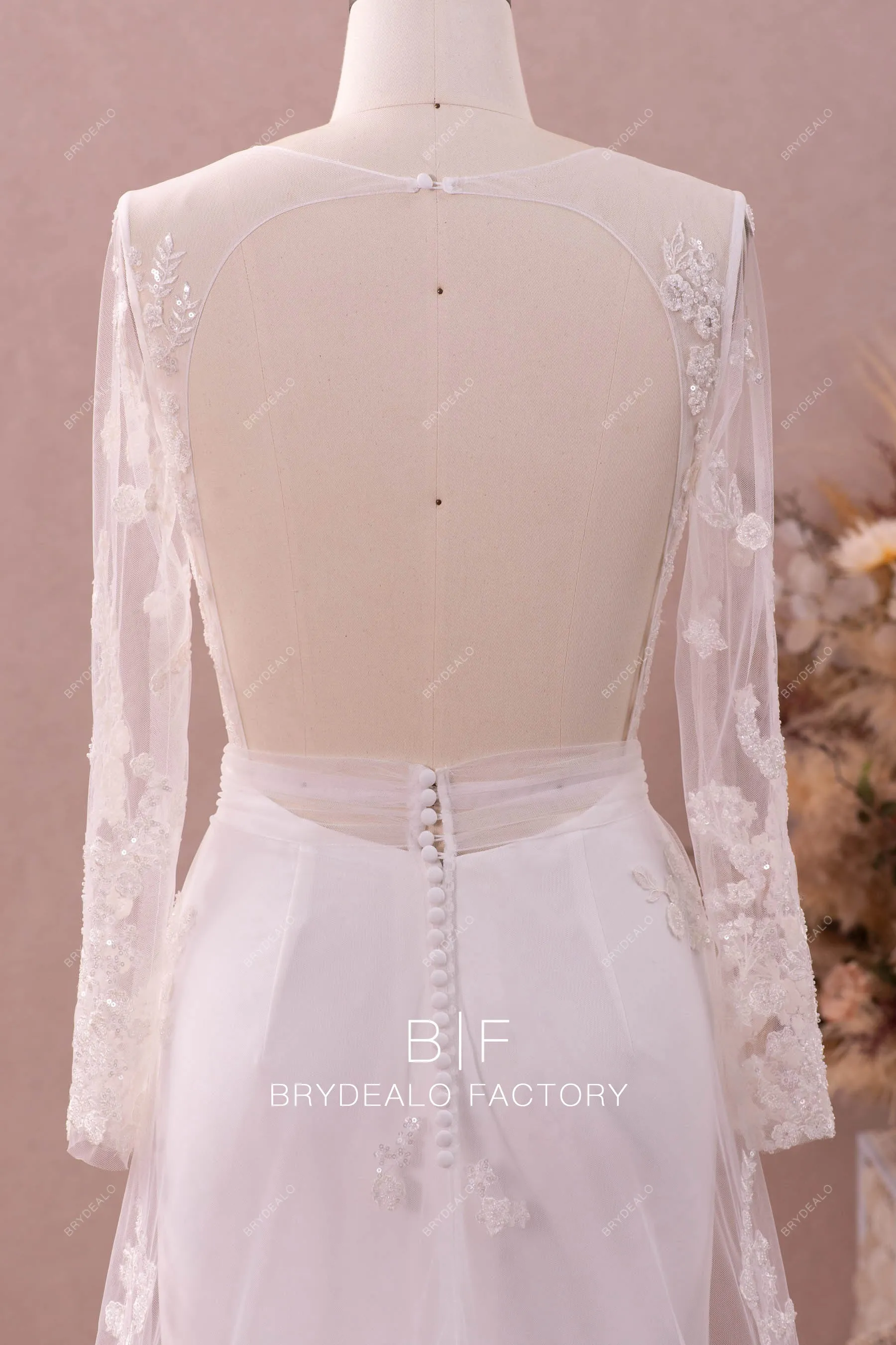 Plunging Beaded Lace Overskirt Mermaid Modern Crepe Wedding Dress