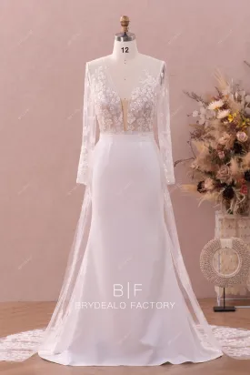 Plunging Beaded Lace Overskirt Mermaid Modern Crepe Wedding Dress