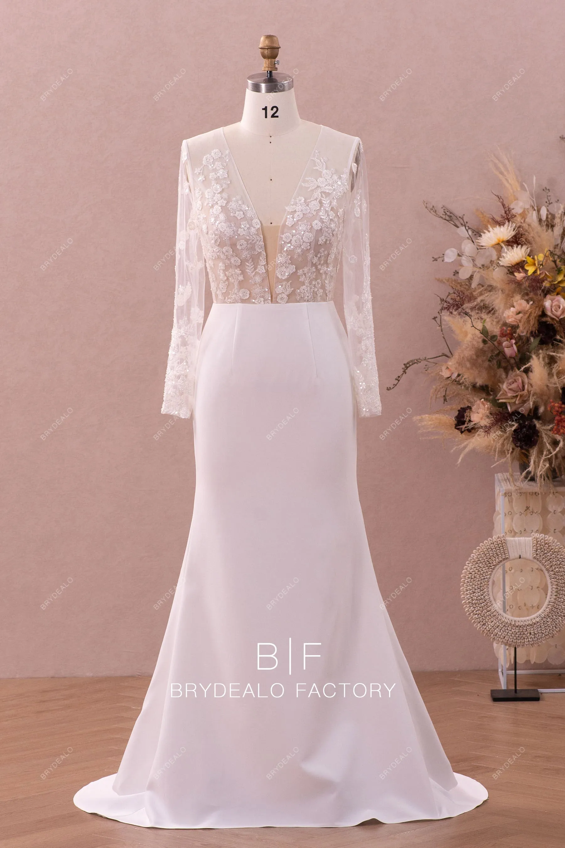 Plunging Beaded Lace Overskirt Mermaid Modern Crepe Wedding Dress
