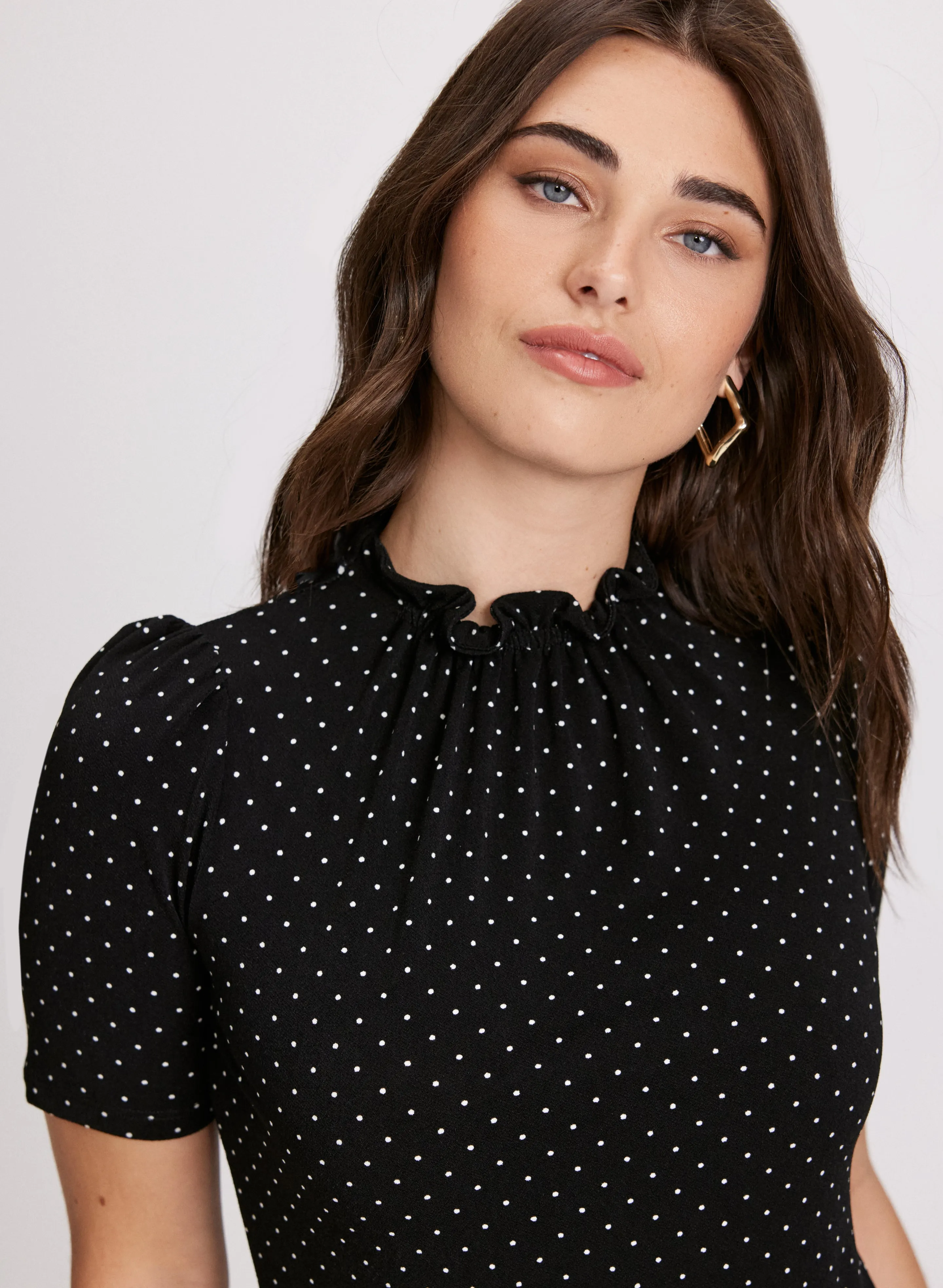Polka Dot Pleated Mock Neck Top