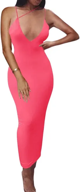 PRIMODA Women's Sexy Neon Asymmetrical Spaghetti Strap Dress Deep V-Neck Sleeveless Bodycon Midi Club Dress